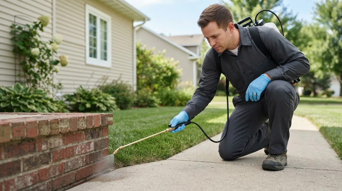 Pest control technician treating a home near Bland, MO