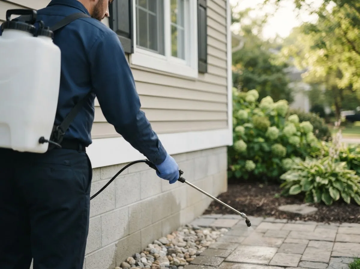Pest control technician inspecting a home in Bland, MO